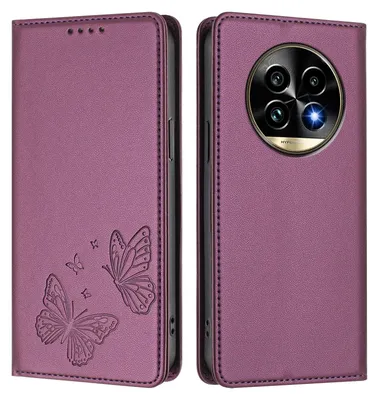 Produktbild von Lederhülle für Realme 13 Pro /Realme 13 Pro+ 5G, Schmetterling Prägung Leder Brieftasche Schutzhülle mit Ständer Lila