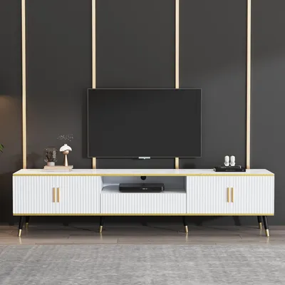 Produktbild von okwish Moderner Lowboard TV-Schrank mit Marmor-Optik, TV-Board, TV-Kommode, 200 x 40 x 46 cm – Für Fernseher bis 90 Zoll, Drei Schubladen und 1 Kabelmanagement weiß