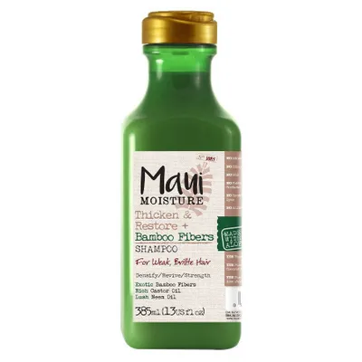 A bottle of Maui Moisture Thicken & Restore + Bamboo Fibers Shampoo.