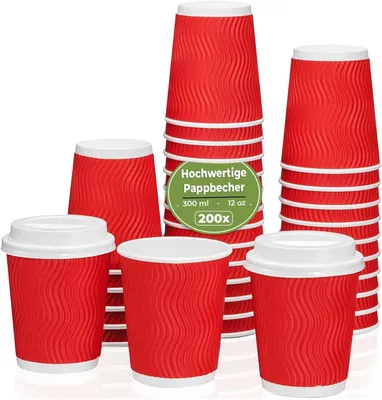 Produktbild von Riffelbecher 300ml Rot 200 Stück Doppelwand Pappbecher Ripple-Wall | Kaffeebecher doppelwandig | Coffee to go | 12oz | Glühweinbecher | Punschbecher