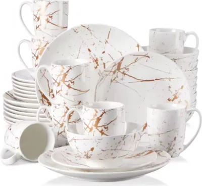 Immagine prodotto di Set da portata Averto 32 pezzi - Vetroceramica - piatti da portata, piatti fondi e piatti per la colazione - 8 persone - righe dorate