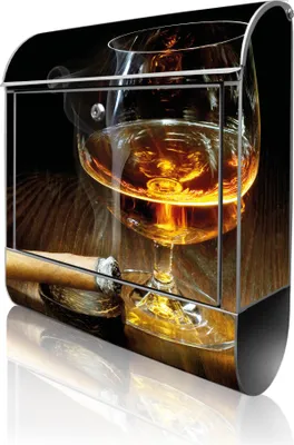Produktbild von banjado Design Briefkasten Stahl silber mit Zeitungsfach pulverbeschichtet "Whiskey & Cigar" 38x46x12,5cm & 2 Schlüssel - Postkasten A4 Einwurf inkl. Montagematerial [BK 10163]