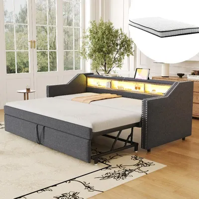 Immagine prodotto di Divano letto 90x190 cm, estendibile a 180x190 cm, divano letto imbottito grigio scuro con illuminazione LED, porta USB, 3 vani portaoggetti, rete a doghe e 2 materassi a molle