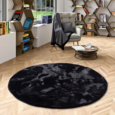 Produktbild von Luxus Super Soft Fellteppich Plush Schwarz Rund, Größe:80 cm Rund