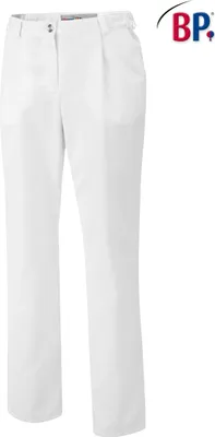 A pair of white women's trousers is shown against a white background.