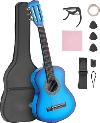 Produktbild von Konzertgitarre / Klassikgitarre - Anfängerset - Länge 78 cm - Nylonsaiten - Gigbag - Stimmgerät & Kapodaster - Gurt, Plektren & Ersatzsaiten - Linde - Blau