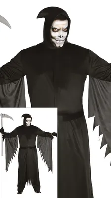 Productafbeelding van Halloween Sensemann kostuum, inclusief vleugels, kap en zeis. Spookachtige uitstraling, geschikt voor een "dodenfeest". Maat: 54 - 56 (XL). Kleur: zwart