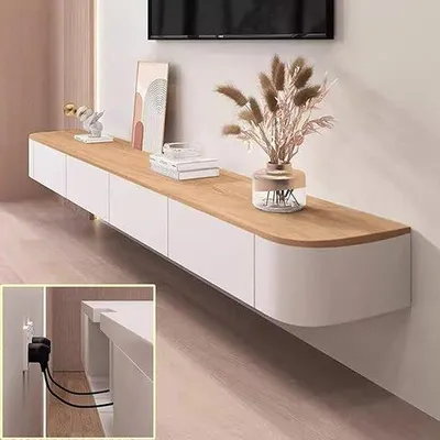 Image de Meuble TV suspendu de 160 cm avec passe-câbles et espace de rangement – Blanc/Marron – Support mural avec tiroirs