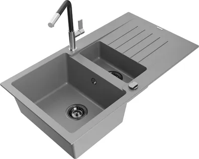Produktbild von Mexen Matias 1,5-Becken-Granitspüle mit Abtropffläche und Mischbatterie Flora, Grau - 6502-71-670401-07-B