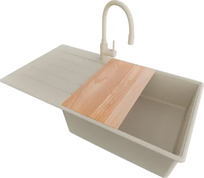 Produktbild von PRIMAGRAN Granitspüle Beige 90x50cm, Spülbecken 1 Becken + Küchenarmatur 38x14cm + Ablauf-Set + Schneidebrett, Küchenspüle ab 60er Unterschrank - Kopenhagen