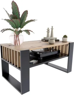 Produktbild von MATKAM Couchtisch IGA H50 x B100 x T53,6 cm, mit Lamellen im Loft-Stil, funktionales Design, Loft Retro (Artisan Eiche-Schwarz)
