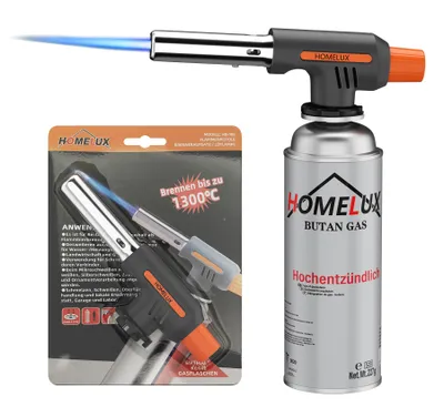 Produktbild von HOMELUX Gasbrenner, Küchenbrenner, Flambierbrenner ohne Kartusche, Bunsenbrenner 1300°C Temperatur, Brenner für BBQ, Kochen, Camping, Löten, Grau