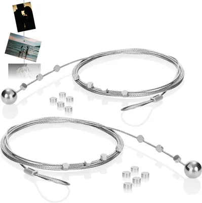 Produktbild von com-four® 2er-Set Fotodrahtseil mit 24 Magneten, circa 200 cm x 1,5 mm, aus Metall - Fotodraht mit Magneten zum Aufhängen von Fotos