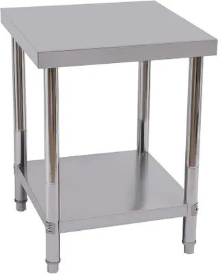 Imagen del producto de Mesa de trabajo de acero inoxidable de 2 niveles, 60x60x80 cm, mesa de cocina con capacidad de hasta 400 kg, mesa para hostelería con patas ajustables, mesa de acero inoxidable para cocina de restaurante, bar y garaje