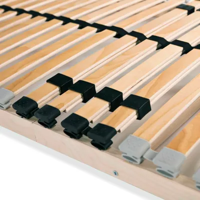 Close-up of a wooden bed slatted base.