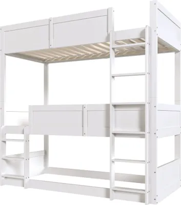 Produktbild von Sweiko Dreibettzimmerbett 90x200 cm, Massivholzlatten, Hochbett, hohes Zaundesign, Kinderbett, Holzbett, weiß