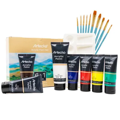 Produktbild von Artecho Acrylfarbe 6 x 60ml + 1 x 120ml Acrylfarben mit 10 Pinseln & 1 Palette, für Papier, Ton, Holz, Steine – zum Reisen, Malen & Freude verschenken