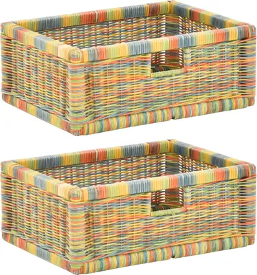 Produktbild von KRINES HOME Stabiles Set / 2 Regalkorb mit Holzrahmen Schubfach aus echtem Rattan / Schübe Box zur Aufbewahrung Regalkorb Schrankkorb Griff (Bunt, Set 42x32x17)
