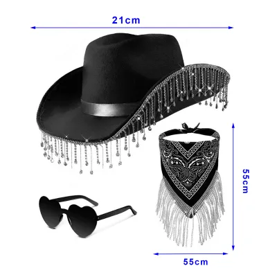 Produktbild von Teile/satz Glänzende Strass Quaste Cowgirl Cowboy Jazz Hut Herz Form Sonnenbrille Bandanas Set Frauen Männer Cosplay Kostüm