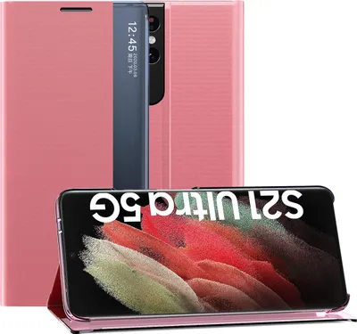 Produktbild von Samsung Galaxy S21 Ultra 5G Hülle, LaimTop Slim Flip Leder Smart View Window Klappetui Schutzhülle mit Standfunktion für Samsung Galaxy S21 Ultra 5G Rosa