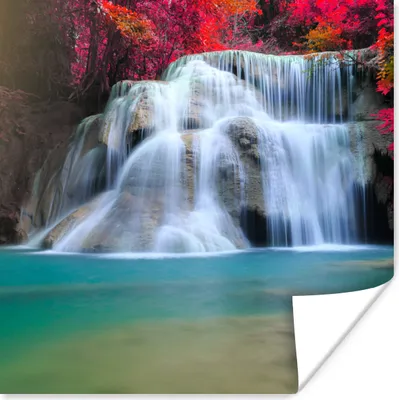 Produktbild von MuchoWow® Poster Wasserfall - Bäume - Rot - Landschaft - Natur 75x75 cm - Wand Dekoration
