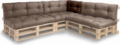 A sectional sofa made of wooden pallets with brown cushions.