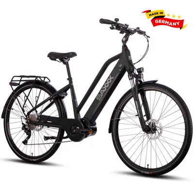 A black electric bicycle is shown against a white background.