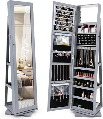 Image de Armoire rotative à 360°, miroir pleine longueur, armoire miroir avec rangement à bijoux et 2 étagères, organisateur à bijoux verrouillable avec clés (39 x 39 x 161 cm, gris)