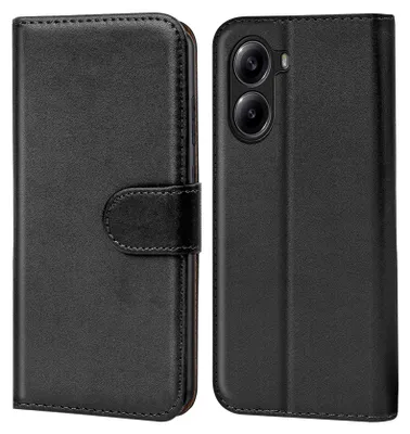 A black flip case for a smartphone is shown from two angles.