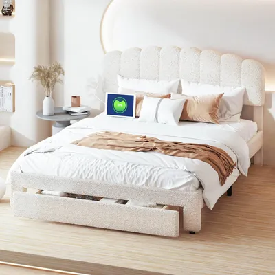 Image de Lit tapissier 160x200 cm avec ports USB et prises, lit pour adolescents, lit double avec tiroirs, lit avec rangement, lit en bois massif avec LED et sommier à lattes, laine de mouton