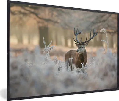 Produktbild von MuchoWow® MuchoWow® Gerahmtes Poster Hirsche - Tiere - Winter 90x60 cm - Poster mit zchwarzem Bilderrahmen - Fotorahmen - Foto-Plakat