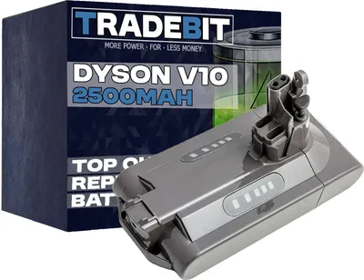 A Dyson V10 vacuum cleaner battery and its packaging.