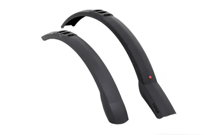 Two black bicycle fenders are shown against a white background.