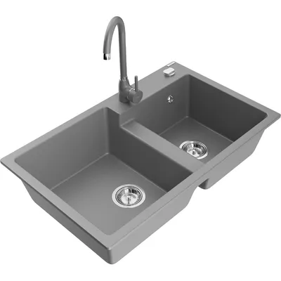 Obrázek produktu pro Mexen Tomas 2-miskový granitový dřez s kuchyňskou baterií Telma, Šedá - 6516-71-670200-71