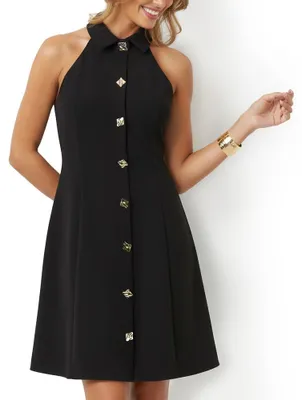 Produktbild von Damen Neckholder Minikleid ärmellos mit Metallknöpfen, taillierte A-Linie in Schwarz