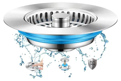 Produktbild von Abflussstopfen und Sieb für Küchenspüle, Edelstahl, 3-in-1 Funktion, Ø 7,5-8,5 cm