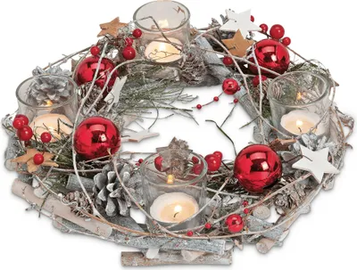 Produktbild von Holz-Deko Adventskranz 30 cm Teelicht-Halter, rote Weihnachtsdeko