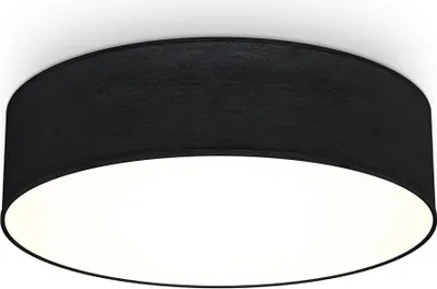 A close-up shot of a black drum-shaped ceiling light with a fabric shade and a white diffuser.