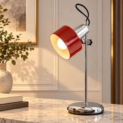 Produktbild von Retro Tischlampe in Rot mit E27 und 9 W, 3 Lichtfarben von 3000 K bis 6000 K, drehbarem Lampenkopf und verstellbarer Höhe
