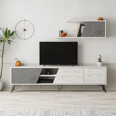 Immagine prodotto di Mobile porta Tv Fiona 180X35,6X48 con mensola a parete colore bianco vintage cemento