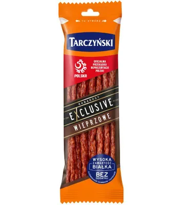 A package of Tarczyński Kabanosy Exclusive pork snack sausages.