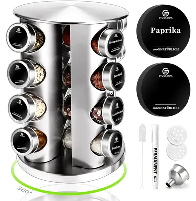 Produktbild von Gewürzkarussell - Gewürzregal 4-Stöckig - 360° Drehung - 16 Gewürzgläser 100 ml - Edelstahl & Glas - Silber