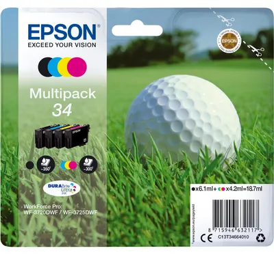 Zdjęcie produktu dla Epson Golf ball Atrament 34 Piłka golfowa DURABrite Ultra, opakowanie zbiorcze Multipack, cztery kolory, Standardowa wydajność, Czarny, Cyjan, Purpurowy, Żółty, Tusz na bazie pigmentu, 6,1 ml, 4,2 ml, 1 szt.