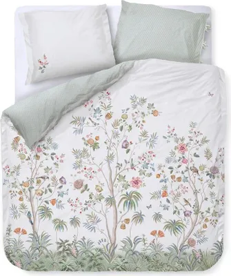 A top-down view of a duvet cover and pillow set with a floral and tree motif.