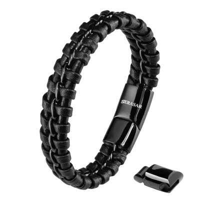 Obrázek produktu pro SERASAR | Kožený Náramek pro Muže [Joy] z Stainless Steel | Barva: Černá | Délka: 20cm