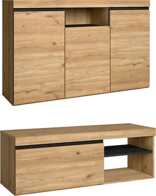 Produktbild von Set Naturale Wohnzimmer Esszimmer, Beistellmöbel, Buffet-TV-Schrank 120cm Eiche schwarz nordische