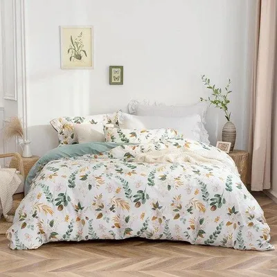 Produktbild von Bettwäsche, 200 x 200 cm, Baumwolle, 100% gewaschen, Pflanzenmuster mit Leinenähnlichem Griff,   und geeignet für Menschen mit Allergien, 1 Bettwäscheüberwurf und 2 Kissenbezüge 80 x