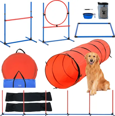 Image de Équipement d'entraînement à l'agility pour chiens VEVOR, set de mise à niveau de 5 pièces avec haies hautes réglables, 6 barres de slalom, tunnel allongé, anneau de saut, boîte de repos, sifflet, gamelle pliable, set de parcours d'obstacles pour chiots avec sac de rangement