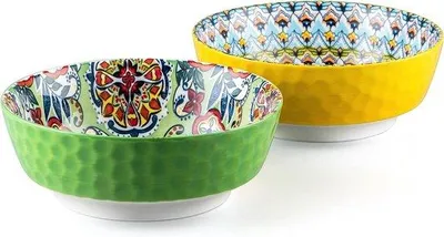 Productafbeelding van Famanu Serveerschaaltjes, 1440 ml - Set van 2 handgeschilderde keramische schalen in boho-stijl