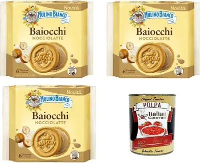 Produktbild von Mulino Bianco Baiocchi Haselnussdrink 3x168g – Italienische Kekse mit Haselnuss-Milch-Creme – Ohne Palmöl – Original aus Italia+ Italian Gourmet polpa 400g